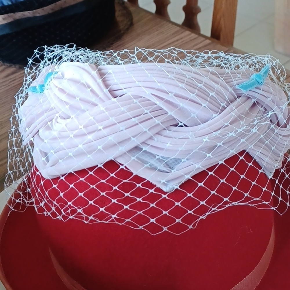 VINTAGE HAT Draped fabric with bows and LACE FACE COVER, Lavender & blue